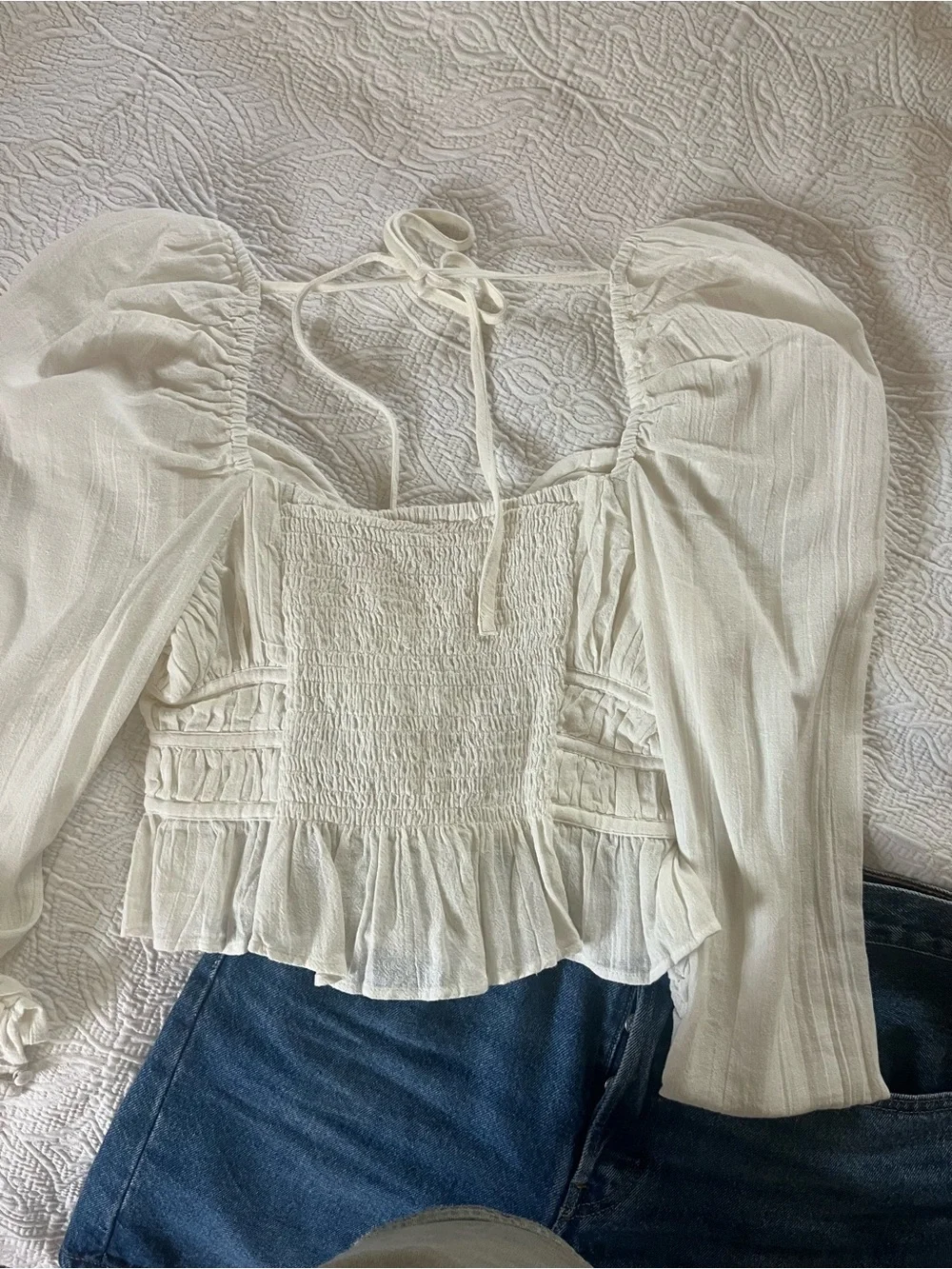 Free People Smocked Puff-Sleeve White Crop Top sz S